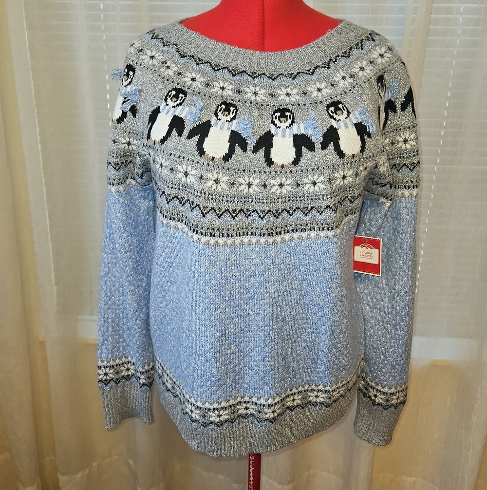 Holiday Time Light Blue and Gray Penguin Fair Isle Sweater
